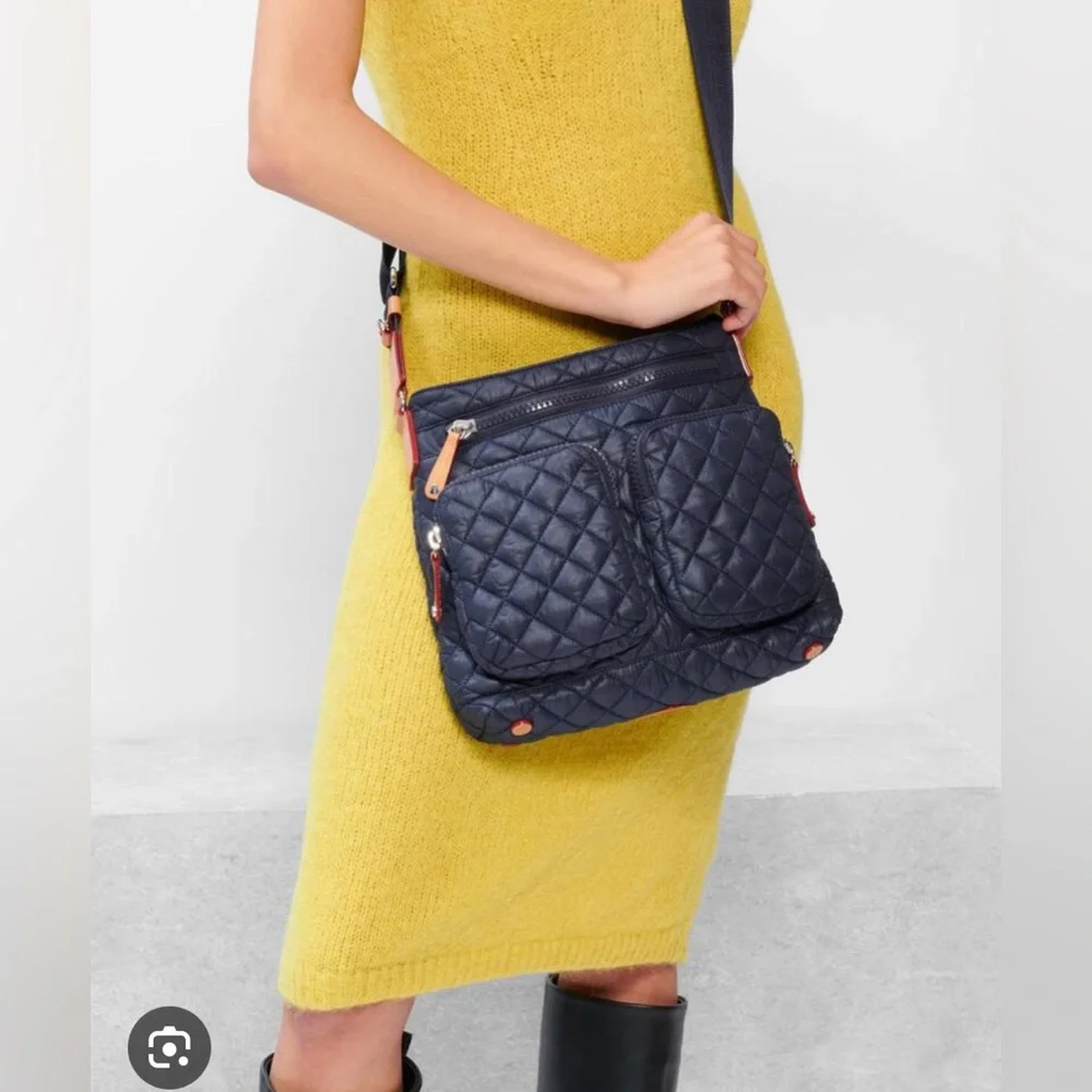 MZ Wallace Black Quilted Nylon Crossbody Bag with Brown Leather Accents